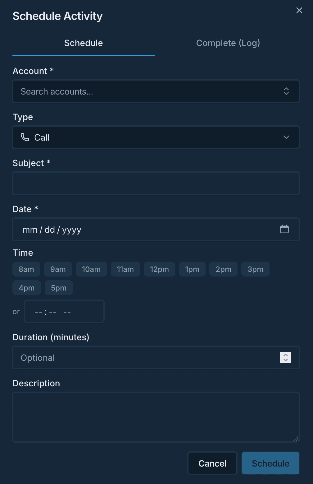 RevOG Target schedule activity form for logging calls and follow ups